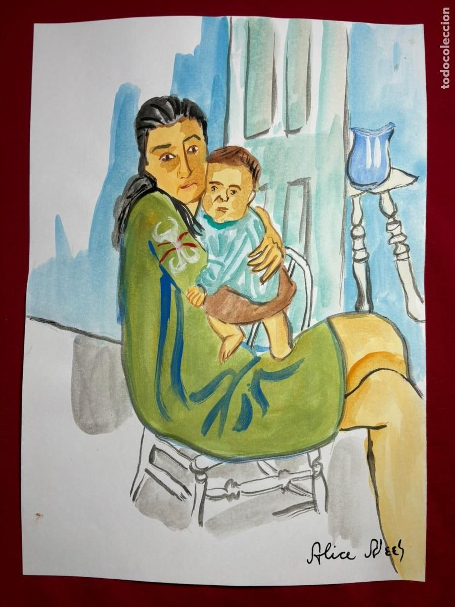 Art: Alice Neel sobre papel antiguo sellado y timbrado(hecho a mano ) arte vtg --- replica