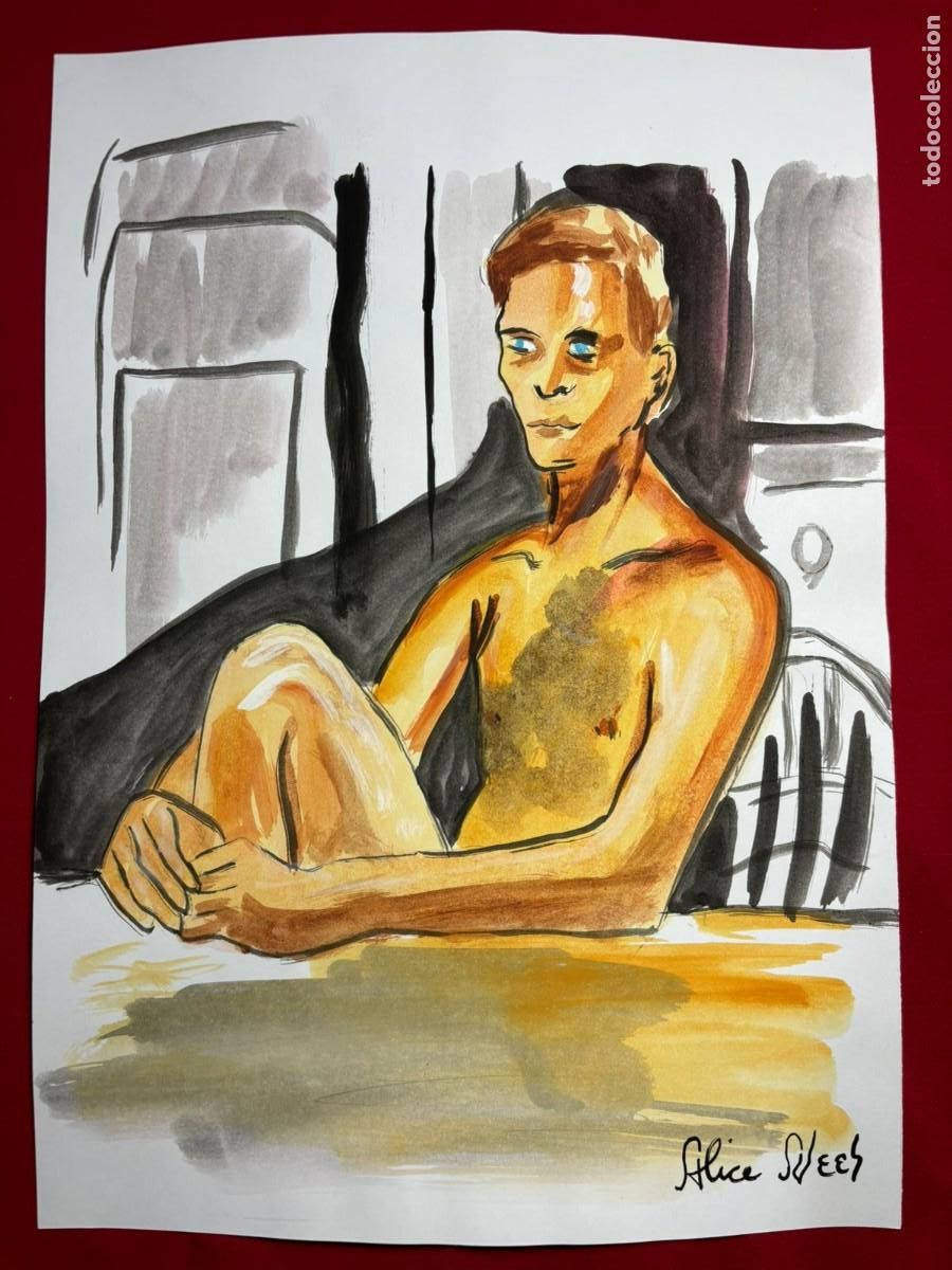 Art: Alice Neel sobre papel antiguo sellado y timbrado(hecho a mano ) arte vtg --- replica