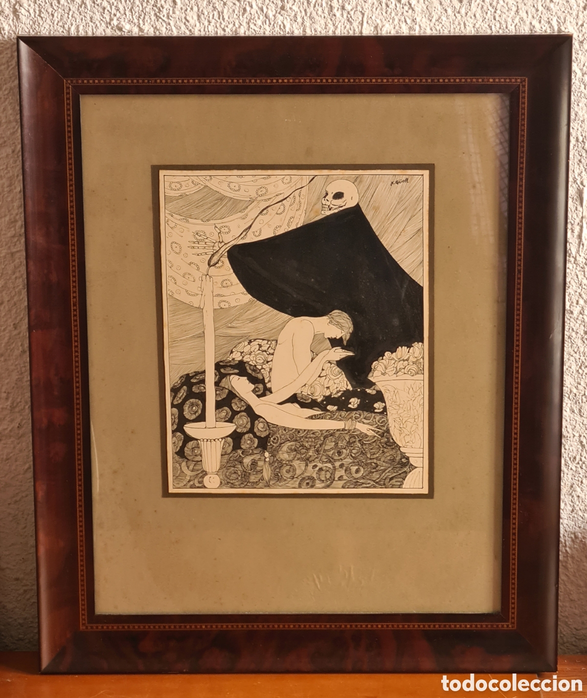 Art: Antiguo Dibujo Amor Pareja Vida Muerte Sexo Eros Thanatos - Firmado X. G&uuml;ell - Decoraci&oacute;n Modernista