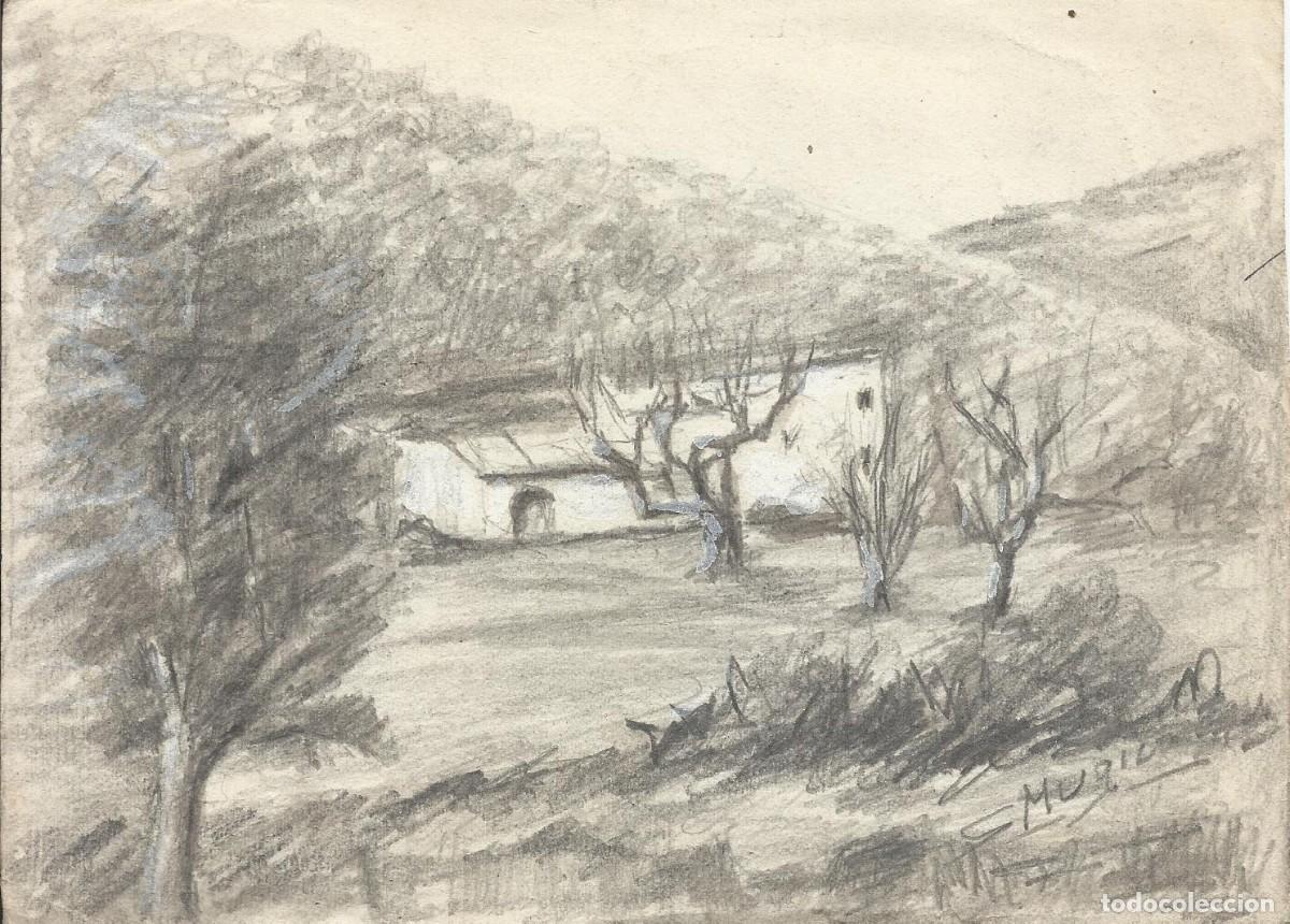 Arte: S. M&uacute;gica. Dibujo l&aacute;piz sobre papel. &rdquo;Paisaje rural con masia y &aacute;rboles&rdquo;. Firmado a mano. 14x19 cm.