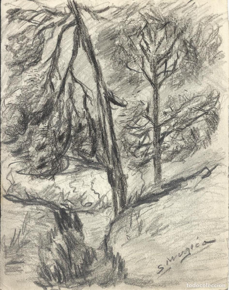 Arte: S. M&uacute;gica. Dibujo l&aacute;piz sobre papel. &rdquo;Paisaje monta&ntilde;oso con &aacute;rboles&rdquo;. Firmado a mano. 17x13,5 cm.