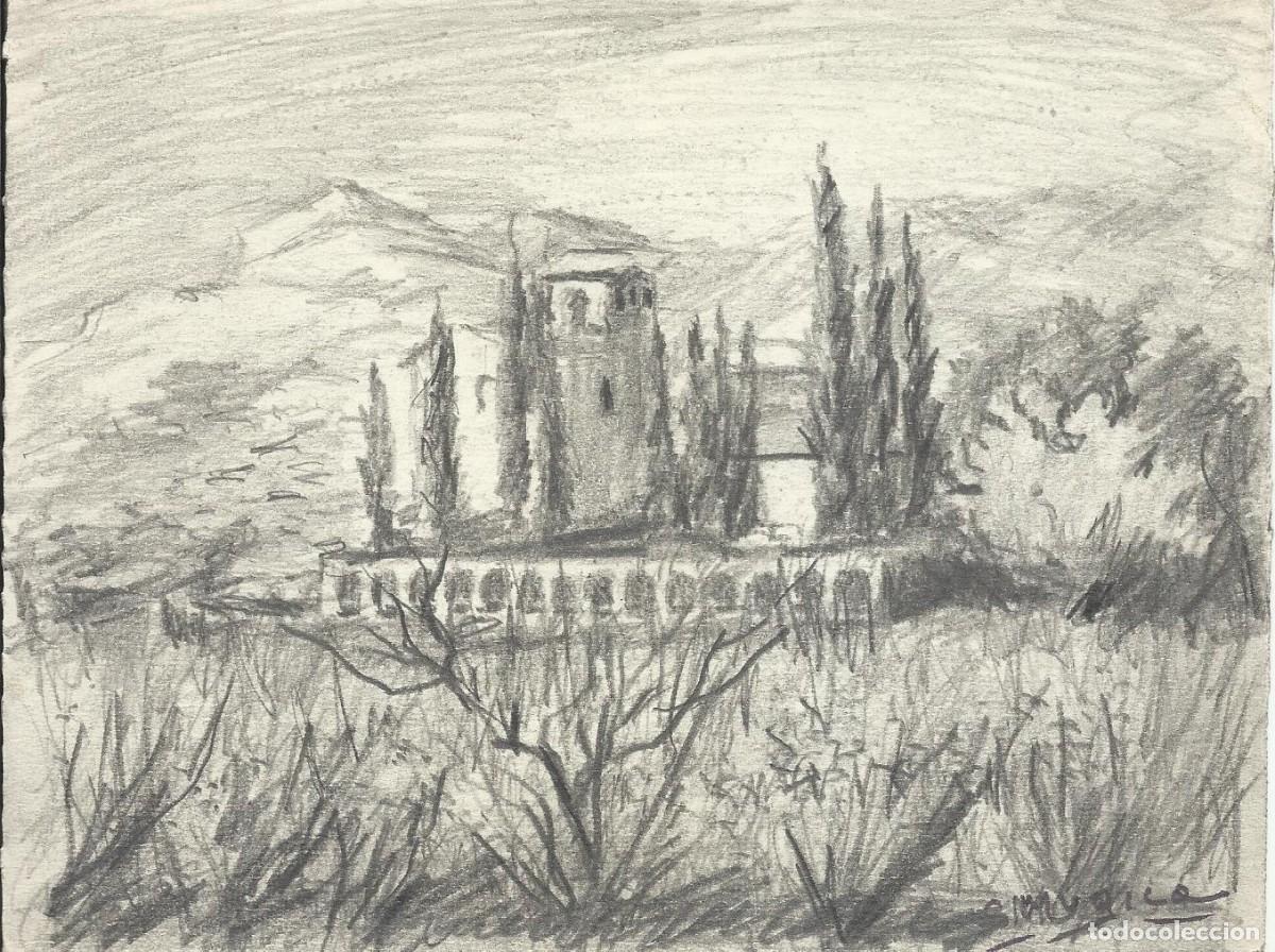 Arte: S. M&uacute;gica. Dibujo l&aacute;piz sobre papel. &rdquo;Abad&iacute;a con muro y claustro &rdquo;. Firmado a mano. 13x17 cm.