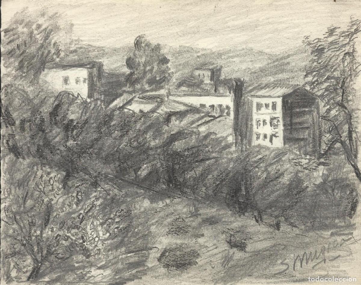Arte: S. M&uacute;gica. Dibujo l&aacute;piz sobre papel. &rdquo;Paisaje rural y pueblo&rdquo;. Firmado a mano. 13,5x17 cm.