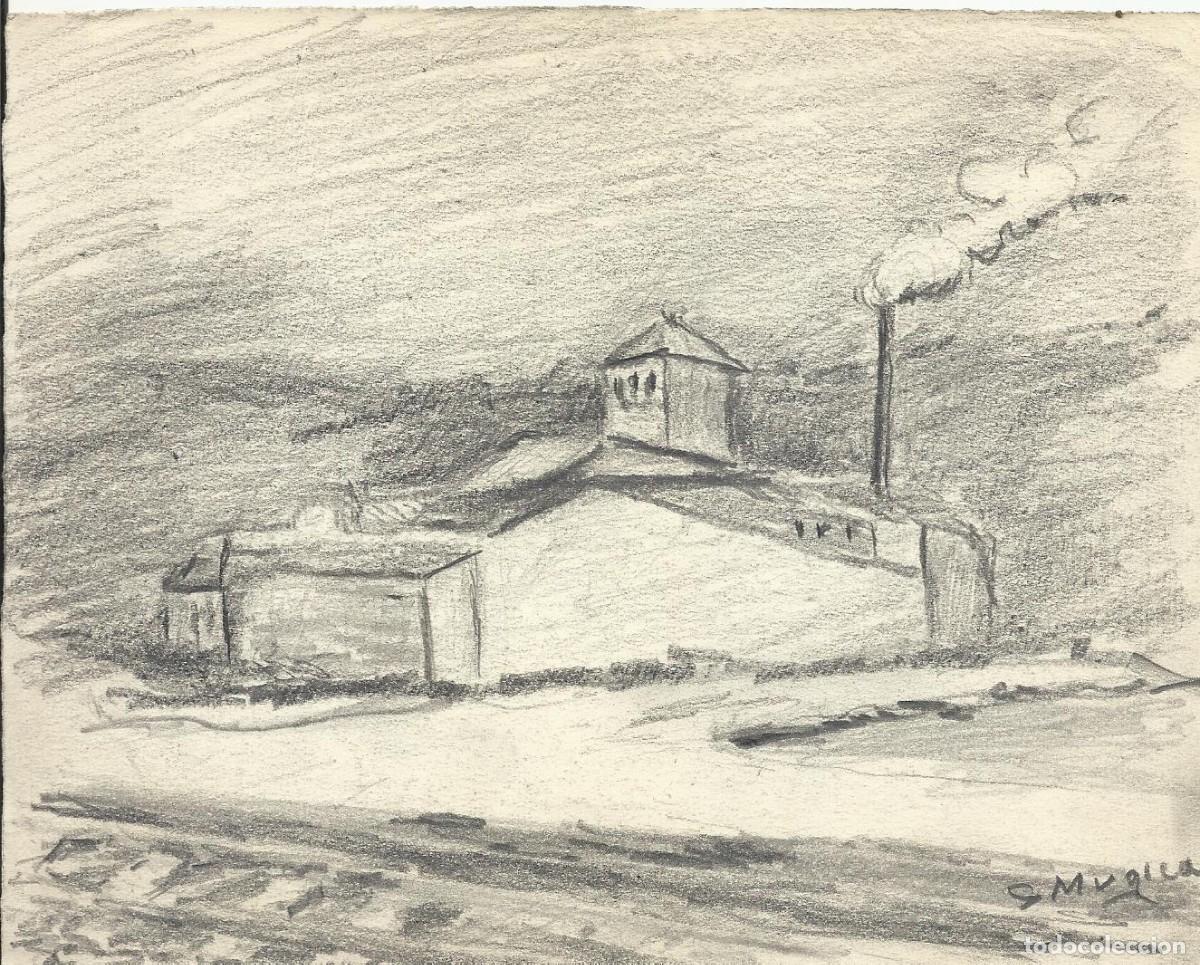 Arte: S. M&uacute;gica. Dibujo l&aacute;piz sobre papel. &rdquo;Edificio fabril en zona rural&rdquo;. Firmado a mano. 13,5x17 cm.
