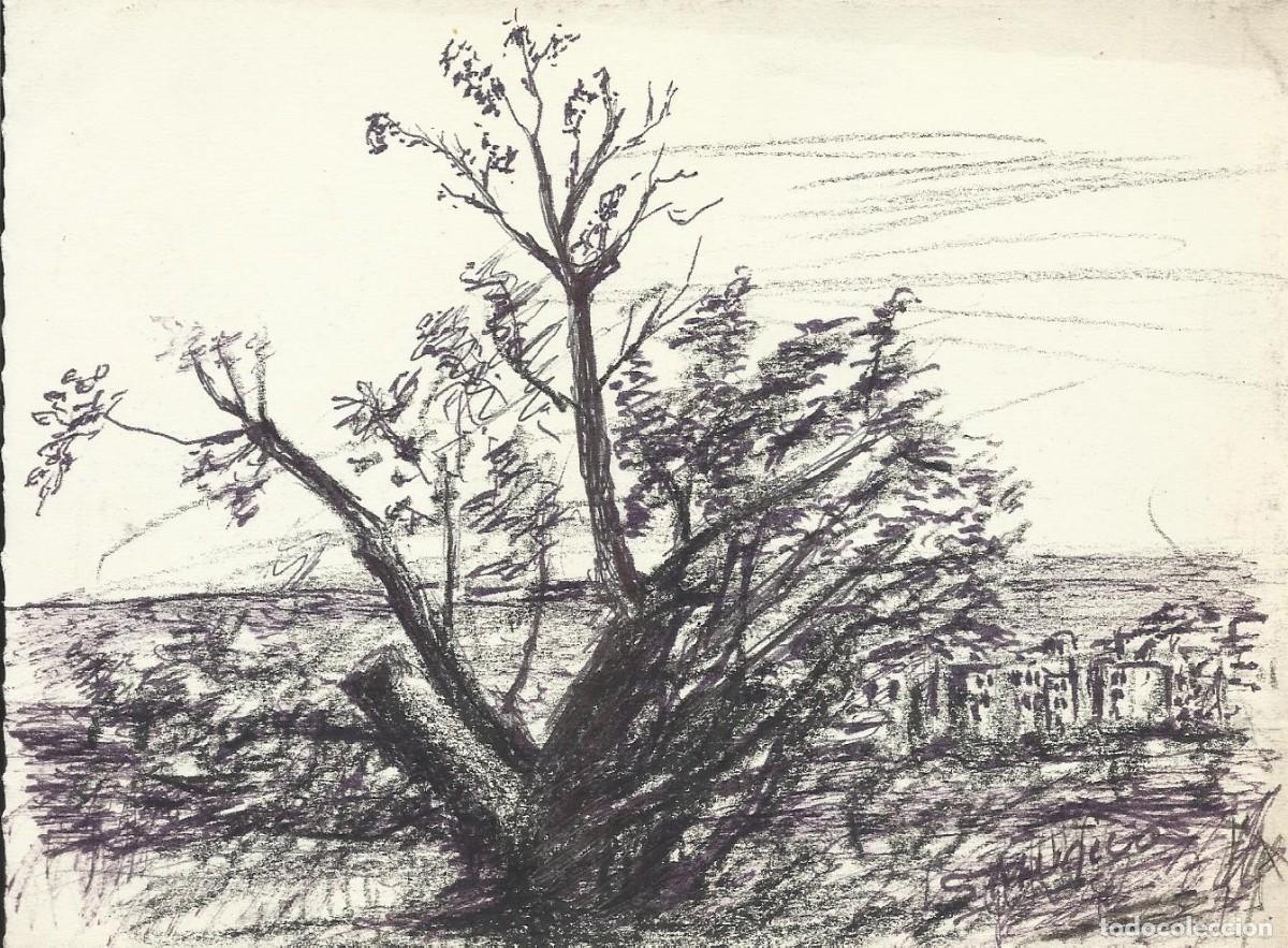Arte: S. M&uacute;gica. Dibujo tinta sobre papel. &rdquo;&Aacute;rbol y pueblo en el fondo&rdquo;. Firmado a mano. 13x17 cm.