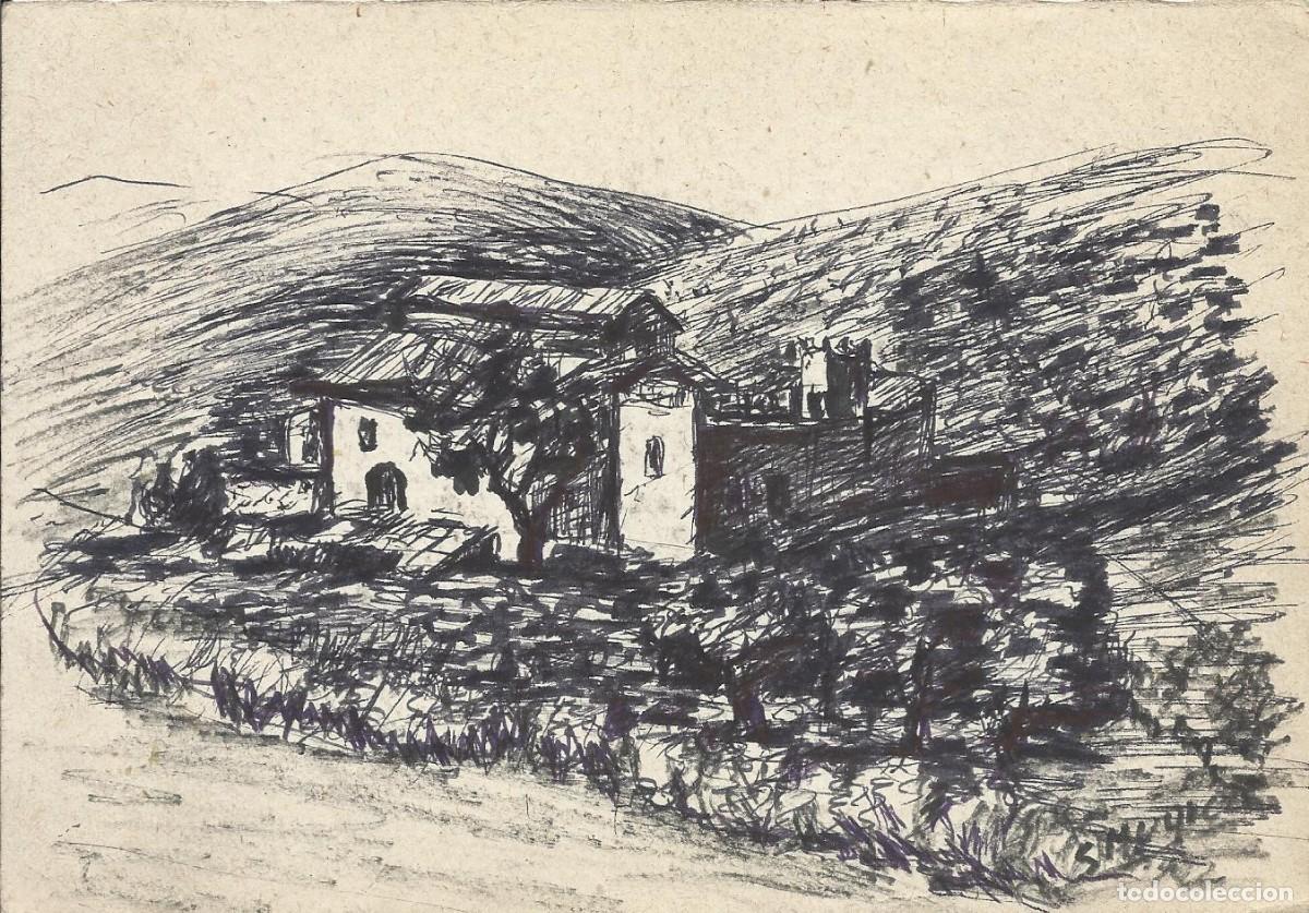 Arte: S. M&uacute;gica. Dibujo tinta sobre papel. &rdquo;Casa y fortificaci&oacute;n zona rural&rdquo;. Firmado a mano. 12x17,5 cm.