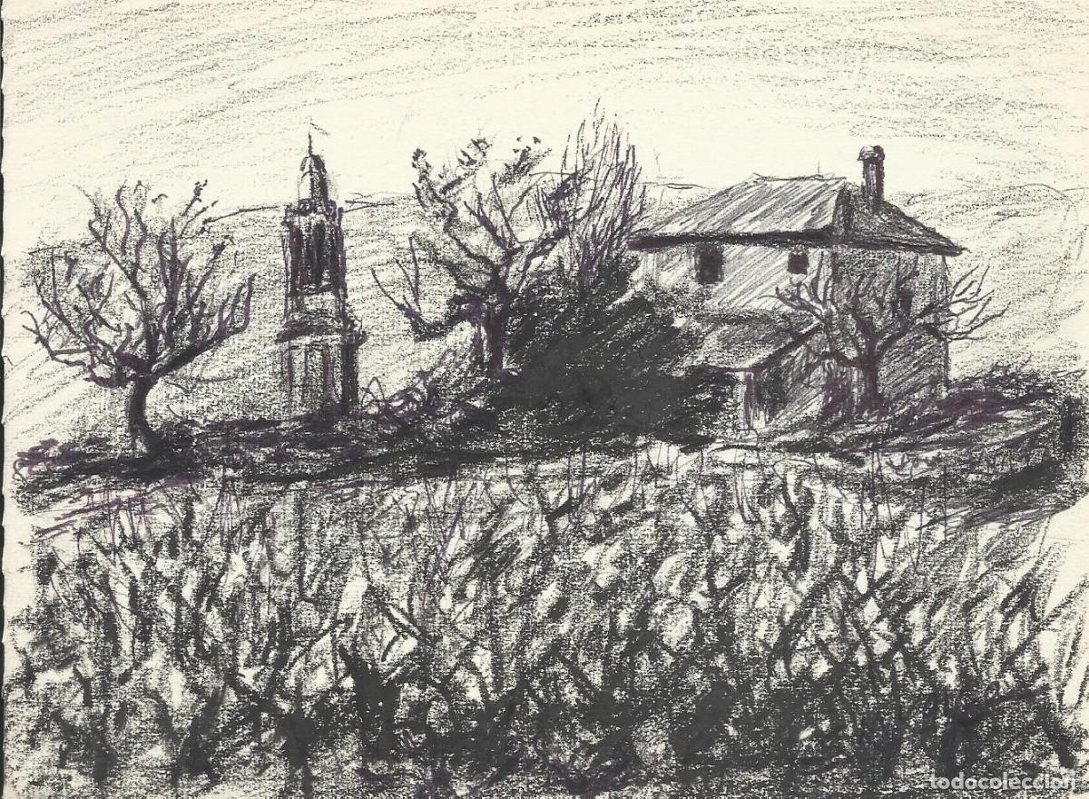 Arte: S. M&uacute;gica. Dibujo tinta sobre papel. &rdquo;Casa y campanar en zona rural&rdquo;. Firmado a mano. 13x17,5 cm.