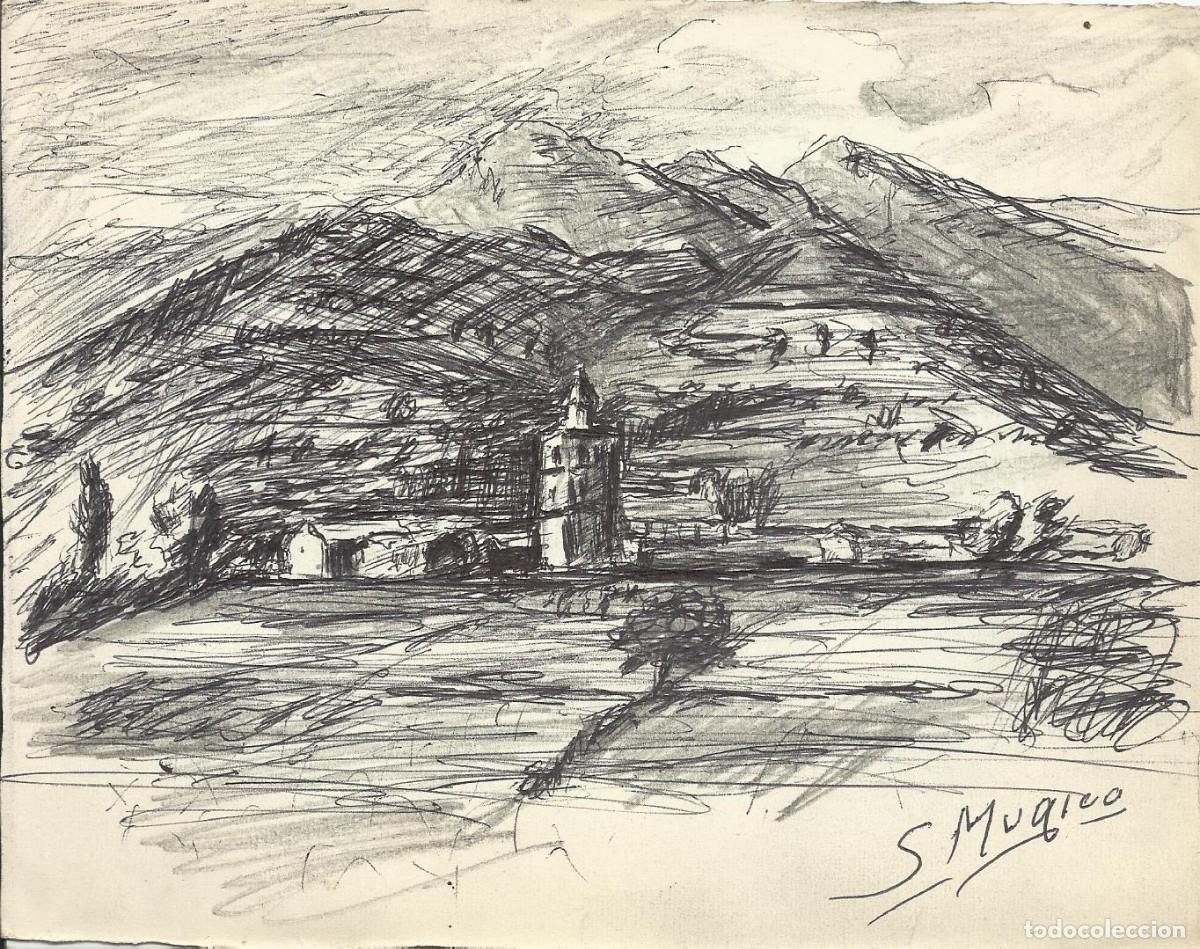 Arte: S. M&uacute;gica. Dibujo tinta sobre papel. &rdquo;Casa y campanar en zona monta&ntilde;osa&rdquo;. Firmado a mano. 14x17 cm.