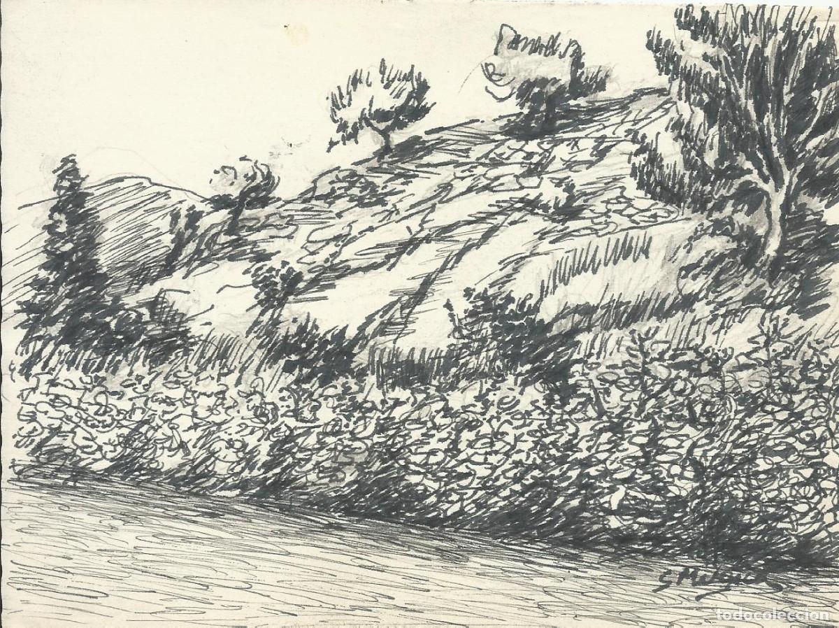 Arte: S. M&uacute;gica. Dibujo tinta sobre papel. &rdquo;&Aacute;rboles en zona monta&ntilde;osa y rural&rdquo;. Firmado a mano. 13x17 cm.