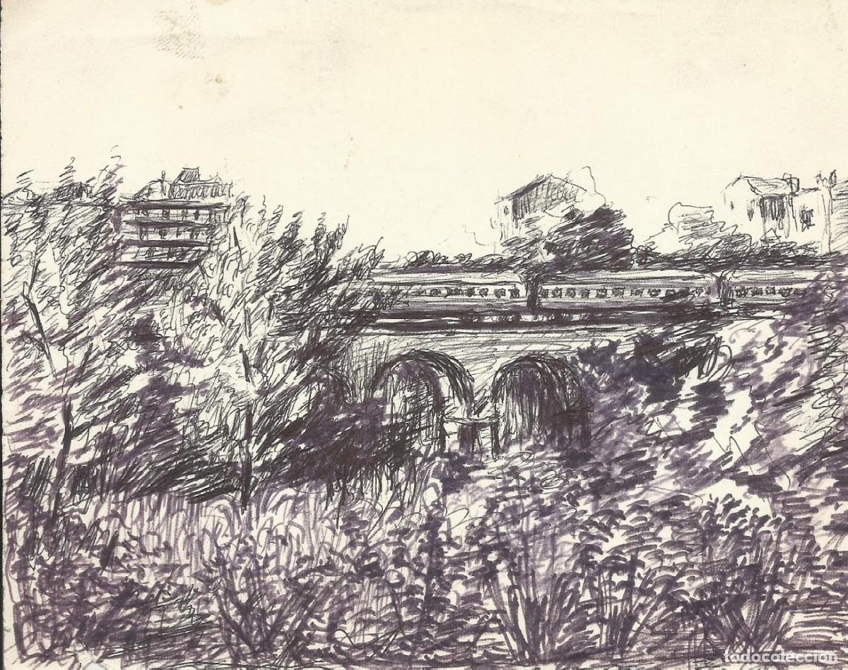 Arte: S. M&uacute;gica. Dibujo tinta sobre papel. &rdquo;Tren pasando un puente con arcos&rdquo;. Firmado a mano. 13,5x17 cm.