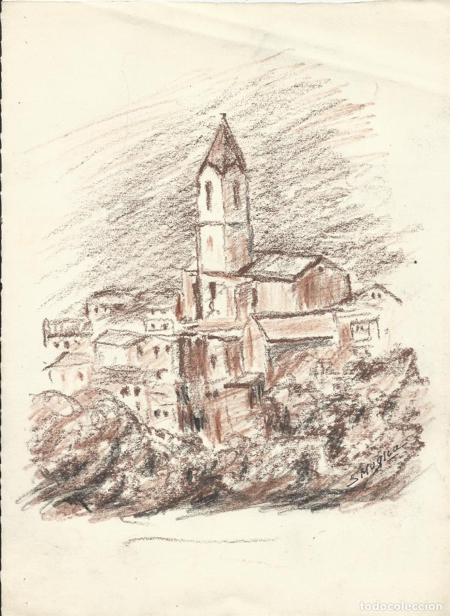 Art: S. M&uacute;gica. Dibujo l&aacute;piz color sobre papel. &rdquo;Un pueblo con iglesia&rdquo;. Firmado a mano. 23x17 cm.