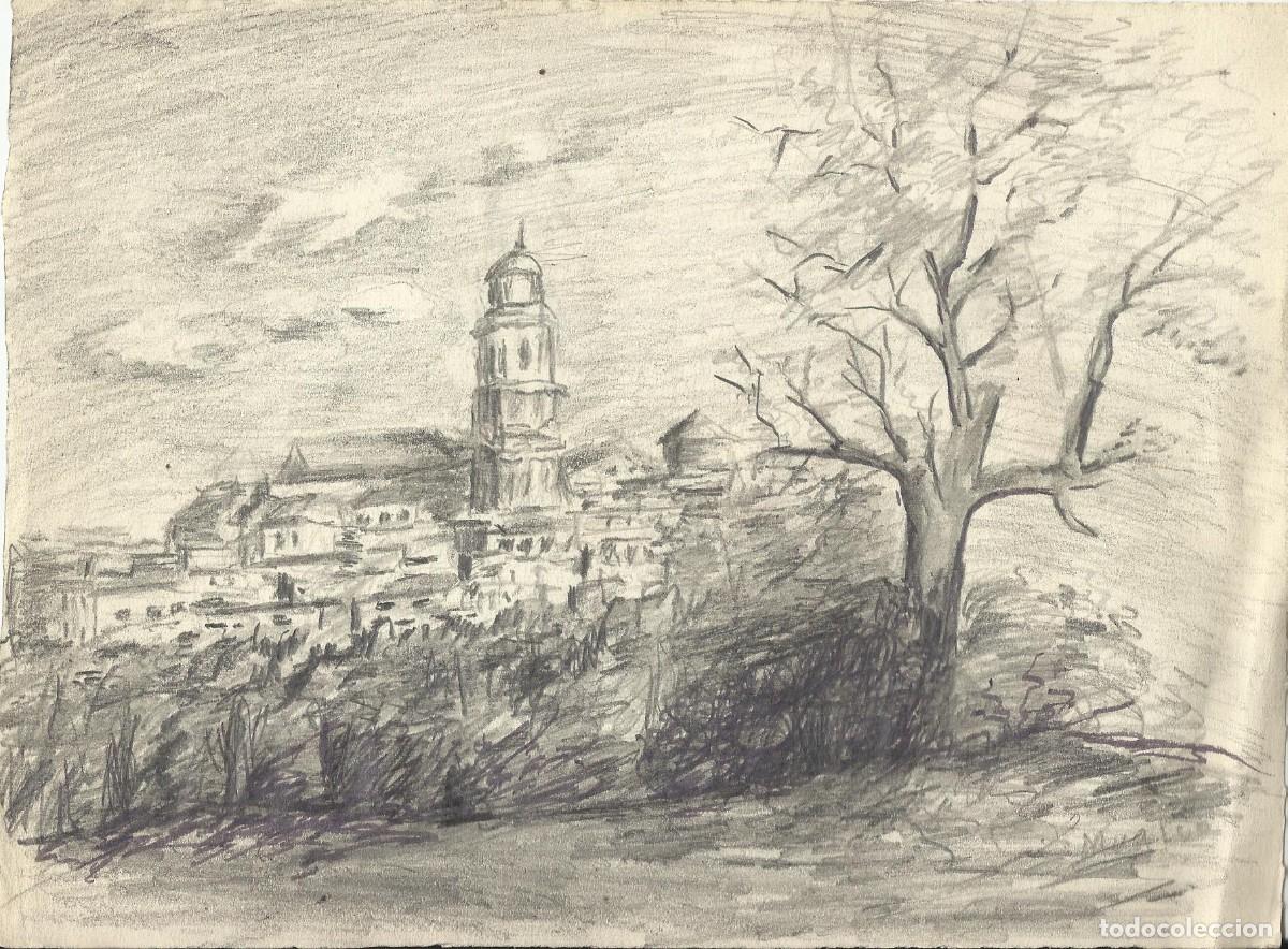 Art: S. M&uacute;gica. Dibujo l&aacute;piz sobre papel. &rdquo;Cubelles e iglesia Santa Mar&iacute;a&rdquo;. Firmado a mano. 17x23 cm.