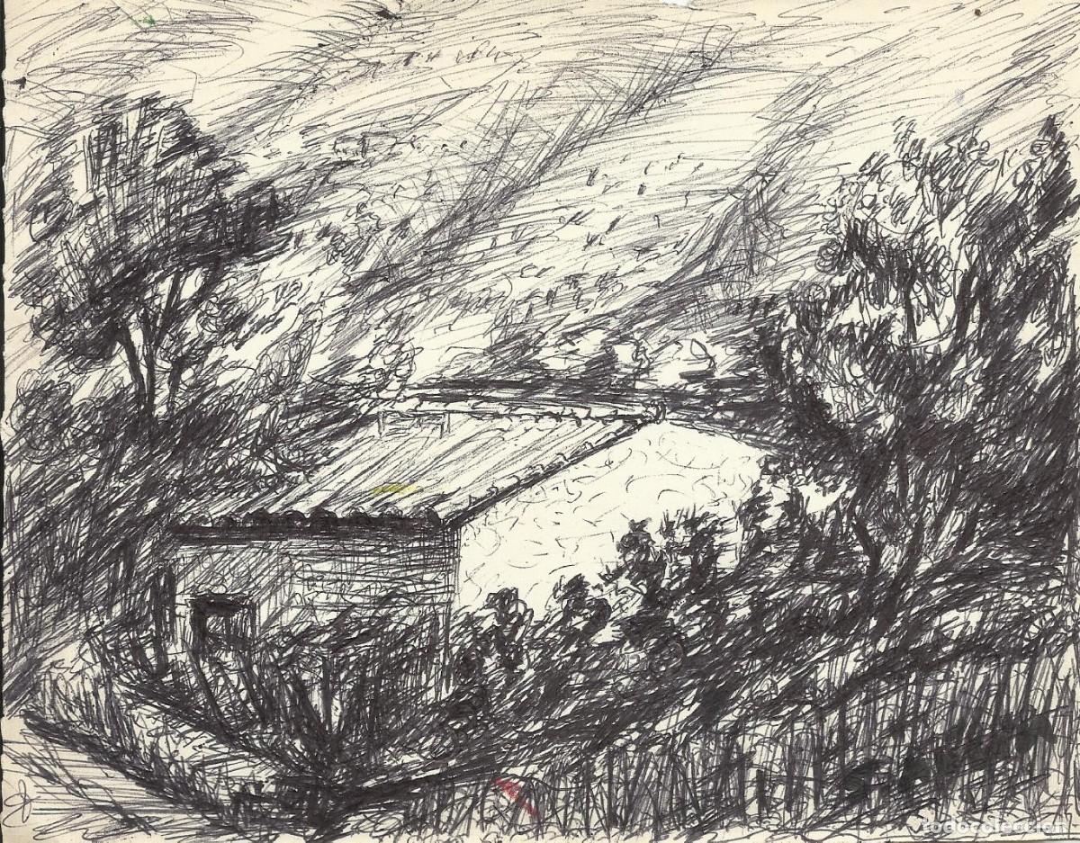 Art: S. M&uacute;gica. Dibujo tinta sobre papel. &rdquo;Masia o casa y zona rural&rdquo;. Firmado a mano. 14x17,5 cm.