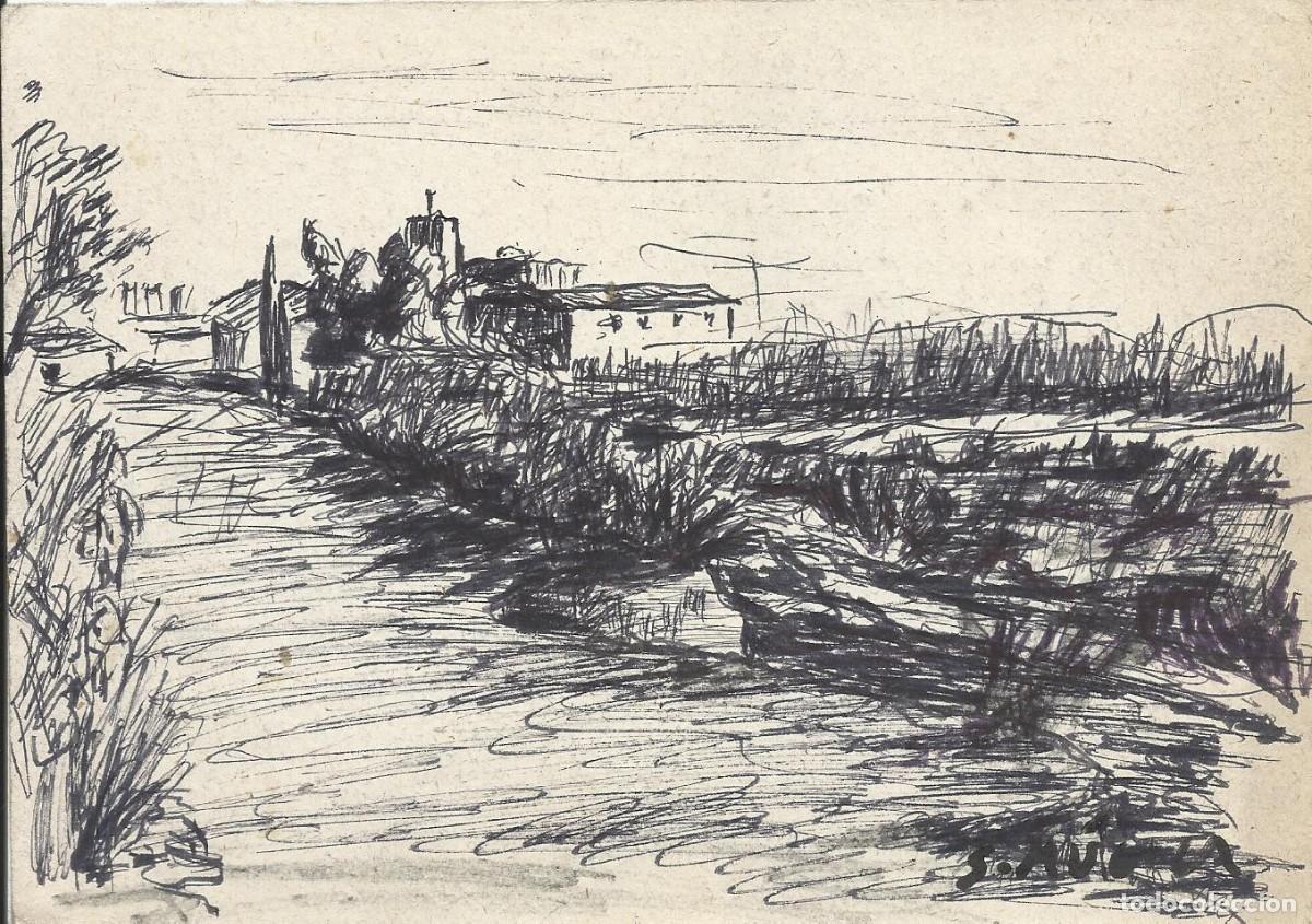 Art: S. M&uacute;gica. Dibujo tinta sobre papel. &rdquo;Pueblo y zona rural&rdquo;. Firmado a mano. 12,5x17,5 cm.