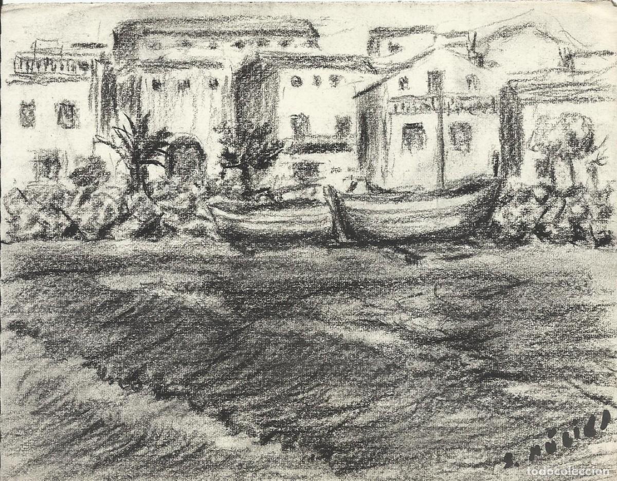 Art: S. M&uacute;gica. Dibujo l&aacute;piz sobre papel. &rdquo;Barcas, arena y pueblo costero&rdquo;. Firmado a mano. 13x17 cm.