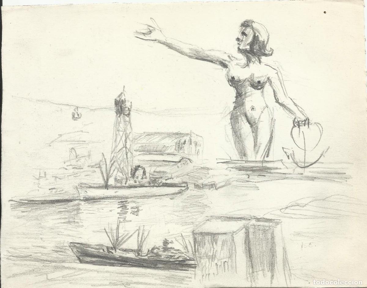 Art: S. M&uacute;gica. Dibujo l&aacute;piz sobre papel. &rdquo;Puerto de Barcelona, telef&eacute;rico, desnudo femenino&rdquo;. Sin firmar