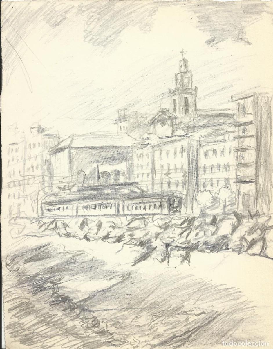 Art: S. M&uacute;gica. Dibujo l&aacute;piz sobre papel. &rdquo;El tren a su paso por Cubelles&rdquo;. Sin firmar. 17x13,5 cm.