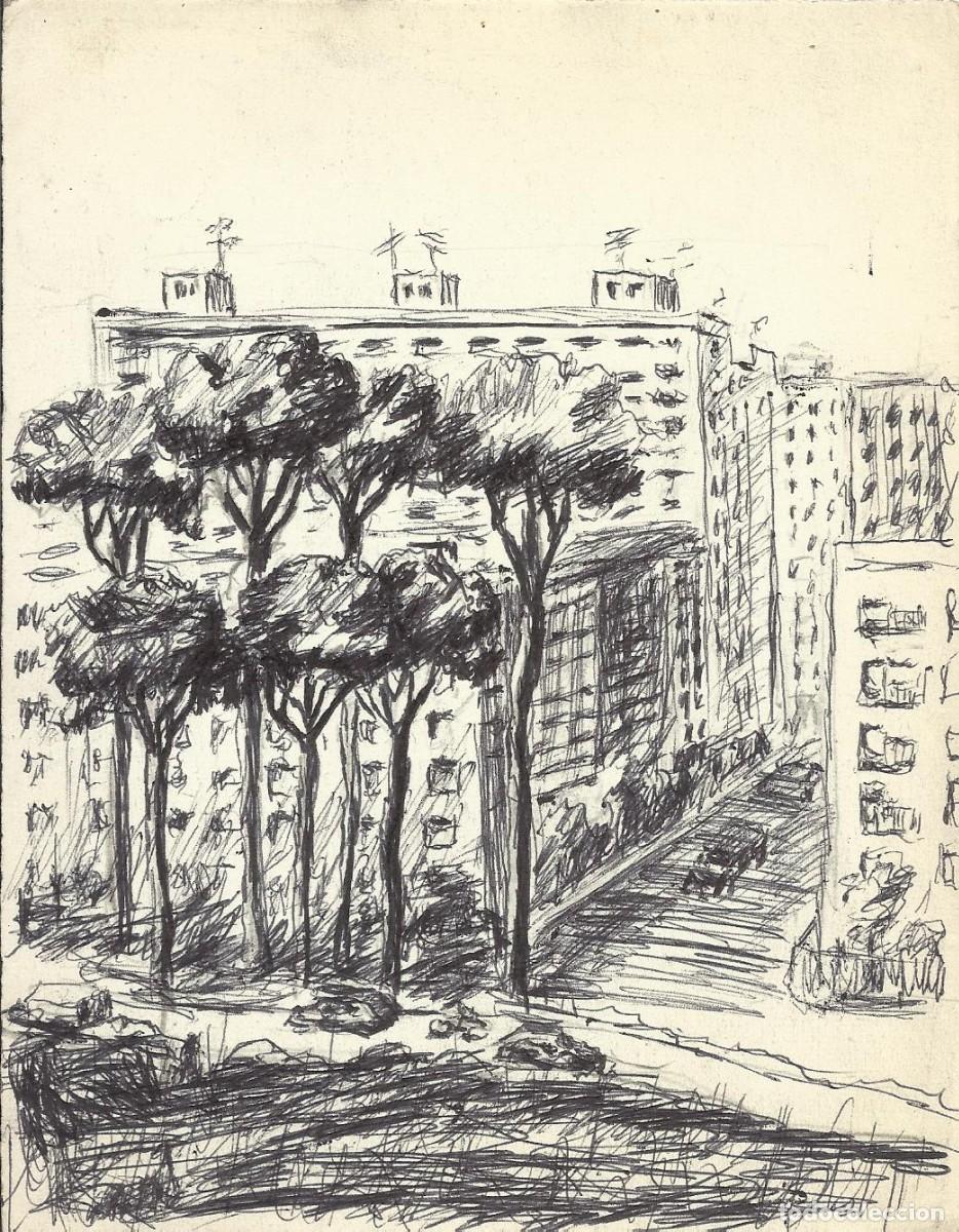 Art: S. M&uacute;gica. Dibujo tinta sobre papel. &rdquo;Arboleda y edificios urbanos&rdquo;. Sin firmar 17x13,5 cm Barcelona