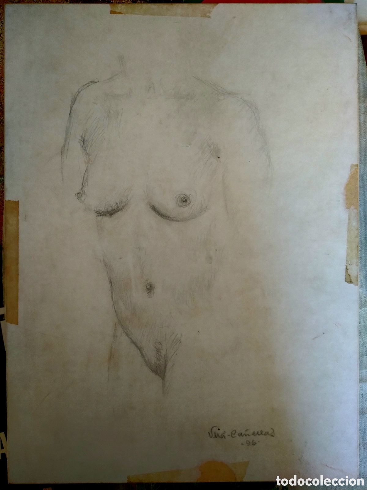 Art: Firmado Vila - Ca&ntilde;ellas. Retrato y desnudo en reverso. Carboncillo