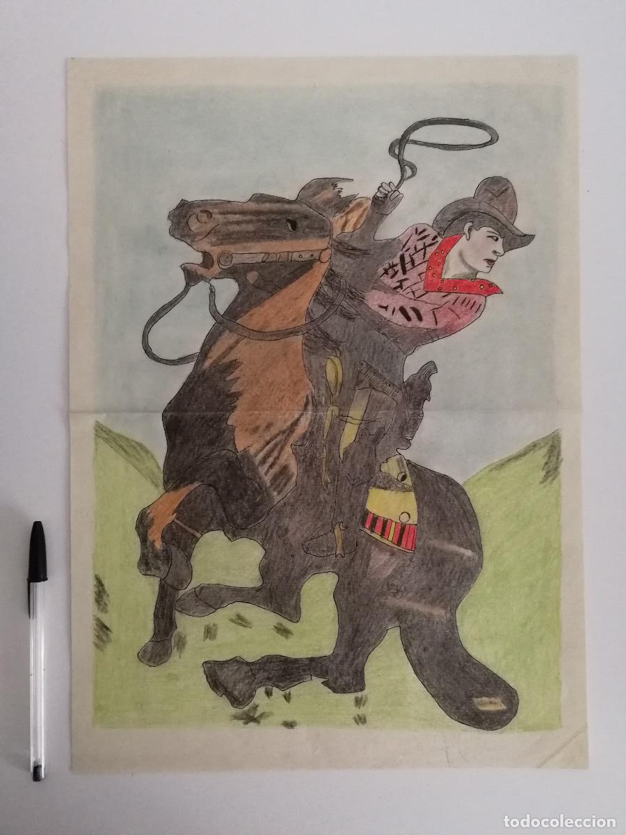 Arte: CARTEL PINTADO A MANO CON LAPIZ -A3- WESTERN - OESTE -DIBUJO DE UN JINETE VAQUERO