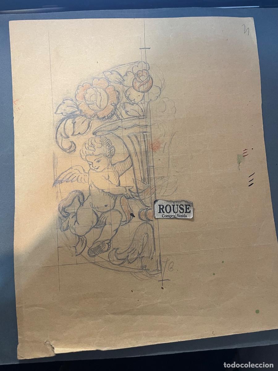 Art: ANTIGUO DIBUJO BOCETO ANGEL CON FLORERO , A&Ntilde;OS 30 , FIRMADO CON INICIALES J.O.- o - J.B. PARTE POSTE