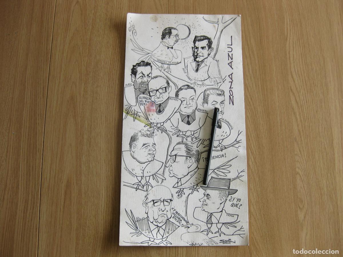 Arte: DIBUJO ORIGINAL DEL ILUSTRADOR SPIN. VI&Ntilde;ETA DE HUMOR GR&Aacute;FICO PARA PRENSA. POL&Iacute;TICOS. ZONA AZUL. 1975