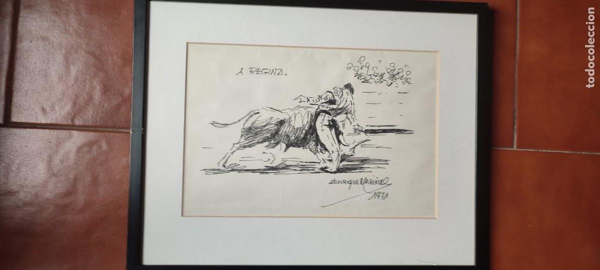 Arte: Dibujo taurino a tinta titulado Pase con la mano diestra del pintor Enrique Mari&ntilde;as