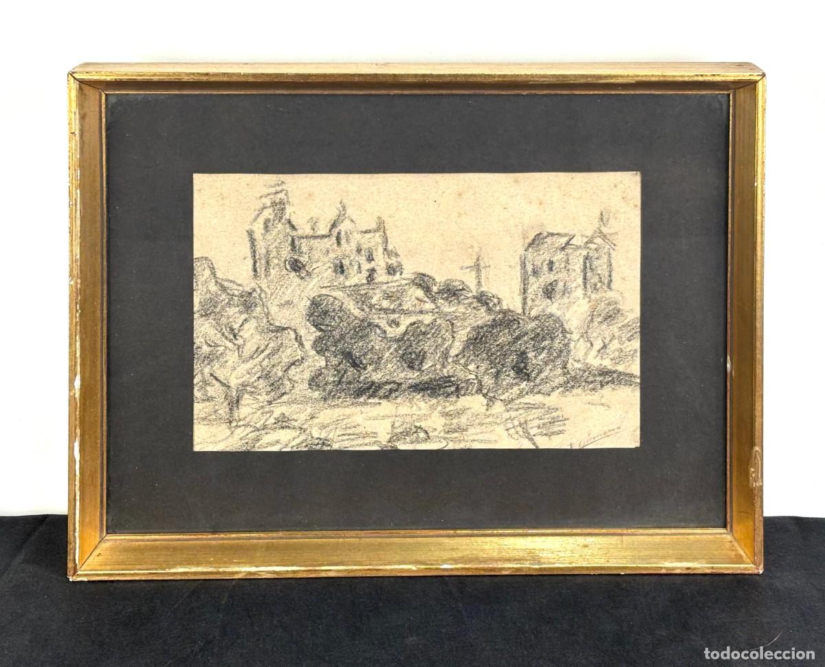 Arte: FRANCESC GIMENO- PAISAJE CON IGLESIA - DIBUJO A CARBONCILLO