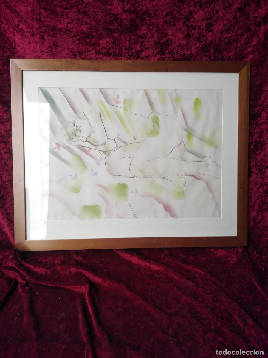 Arte: Precioso dibujo enmarcado -con cristal- de un desnudo femenino firmado, de unos 50x80cms.con fecha