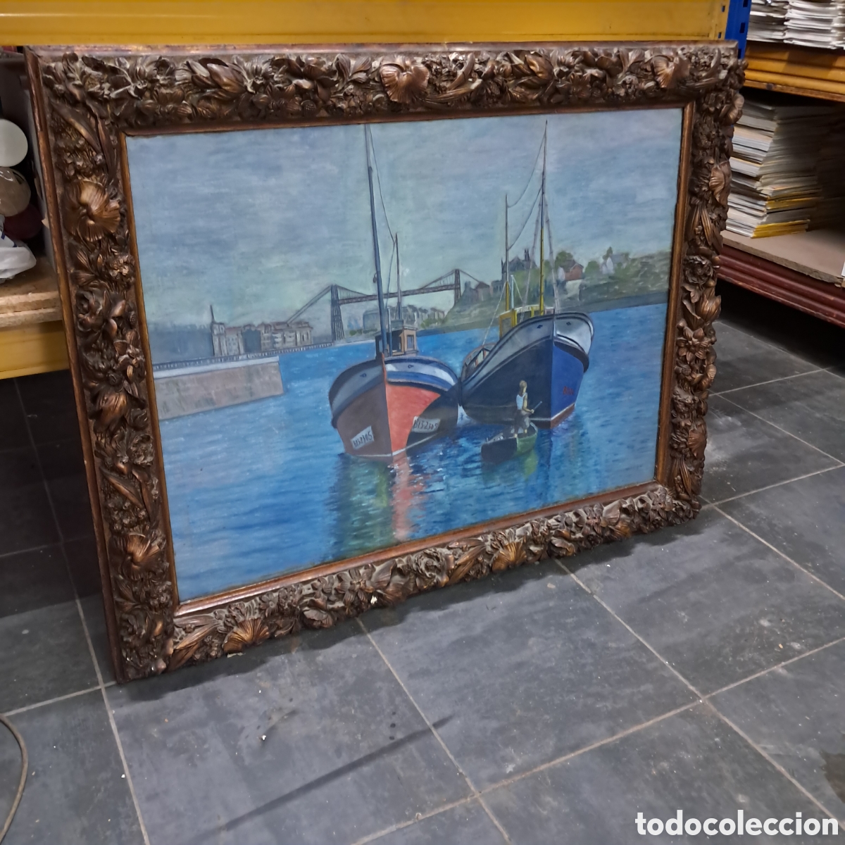 Arte: Cuadro de pintura sobre tablero, Puente Vizcaya, 150x105