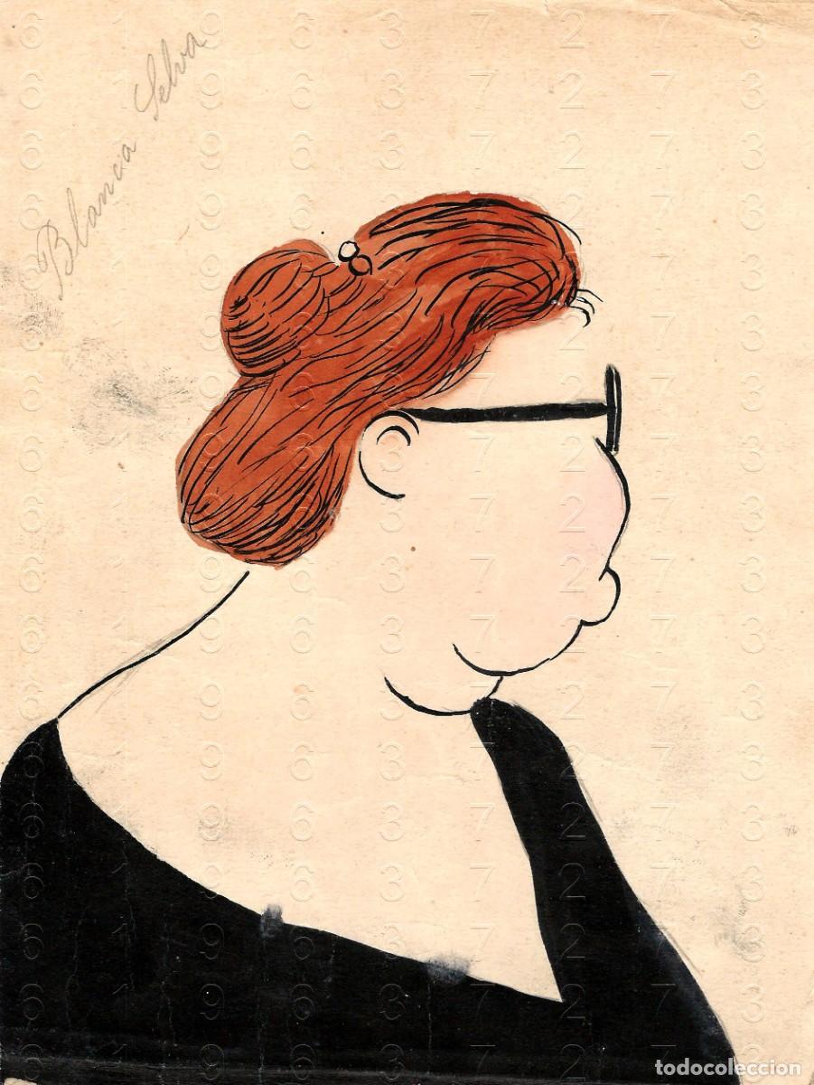 Arte: BLANCHE SELVA BLANCA ANTIQU&Iacute;SIMO DIBUJO A TINTA CARICATURA COMPOSITORA PIANISTA LOS MASSOS 21X16 B23
