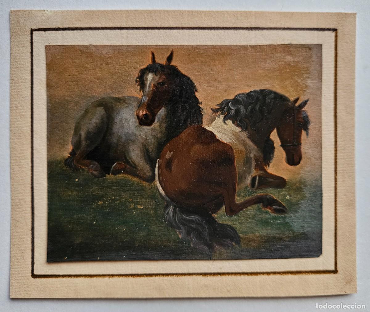 Arte: Dos caballos echados. &Oacute;leo sobre papel. - Foto 1