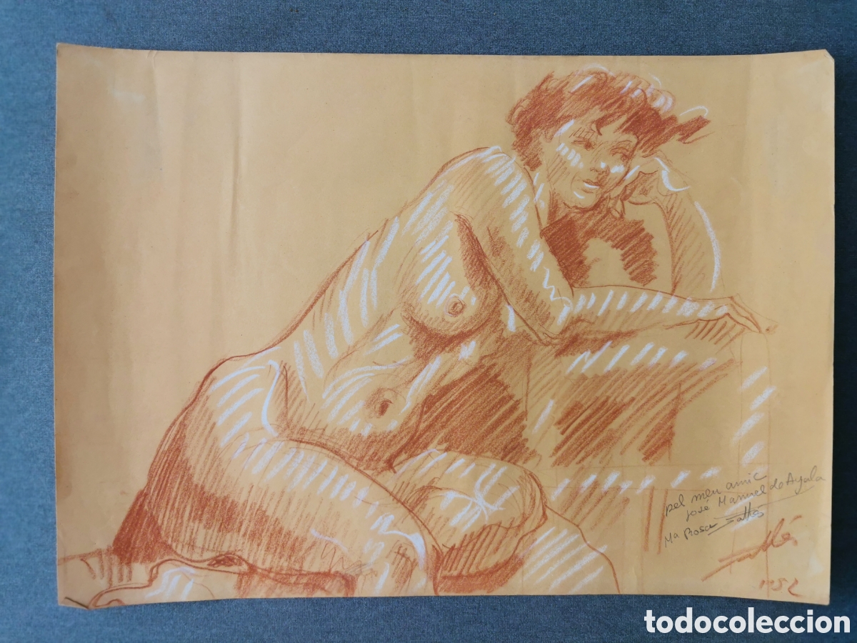 Art: Pintura desnudo a sanguina y carboncillo blanco. Preciosa. 41x30cm