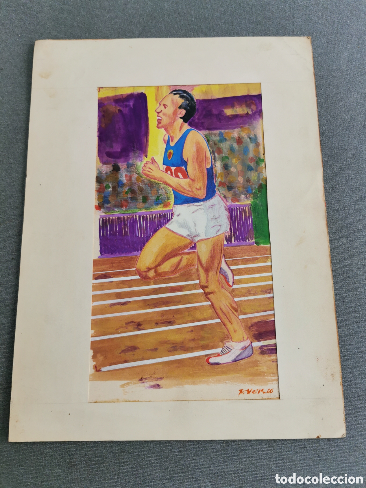 Art: Dibujo original atleta en pista. Gouache. No identifico la firma. 35x26cm