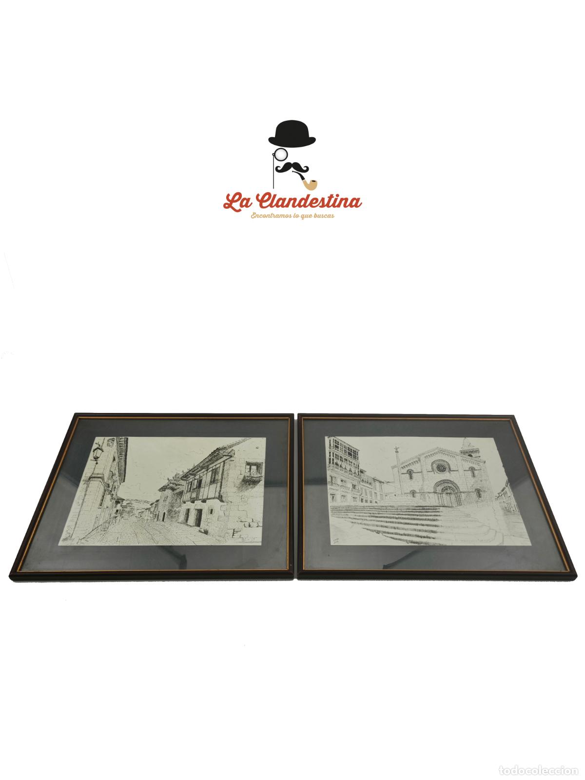 Art: Pareja de dibujos originales. Santillana de mar y La Coru&ntilde;a. Colegiata de Santa Mar&iacute;a del Campo y Ca