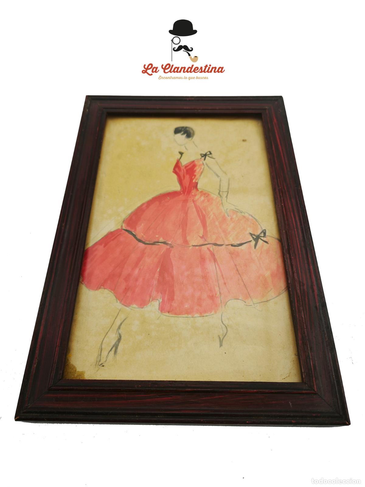 Art: Dibujo original moda. Modelo con vestido de &eacute;poca. 24x16 cm. Siglo XX.
