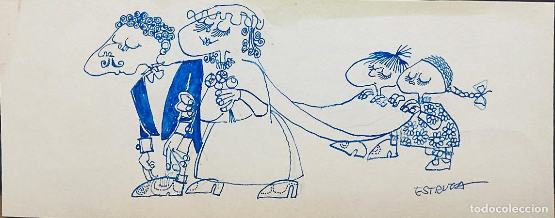 Art: Oscar Estruga (1933). Ilustraci&oacute;n sat&iacute;rica de una boda. Dibujo a tinta azul sobre papel.