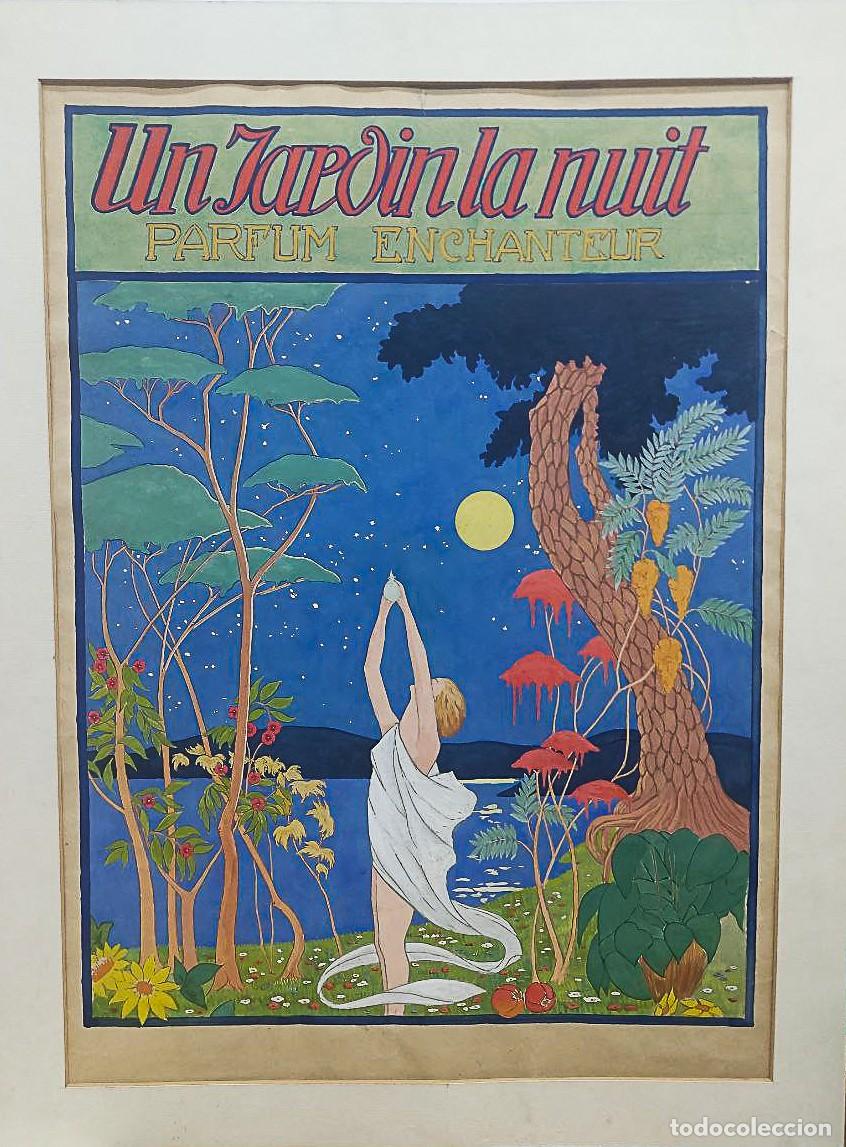 Art: Pintura original para cartel publicitario del perfume Arys &rdquo;Un Jardin La Nuit&rdquo;, principios siglo XX.