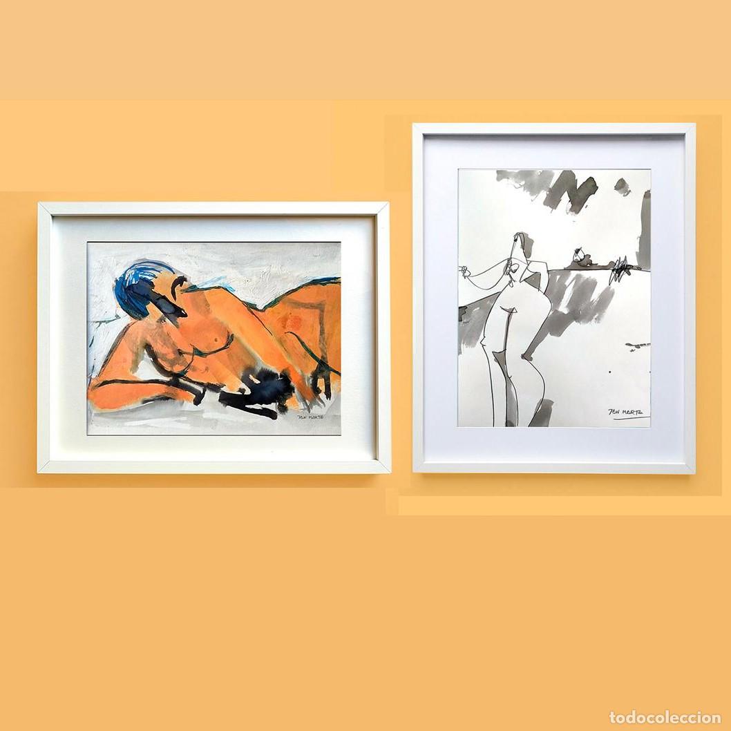 Art: MUJER EN LA PLAYA. Marco 32 x 42 cms. Dos obras originales firmadas