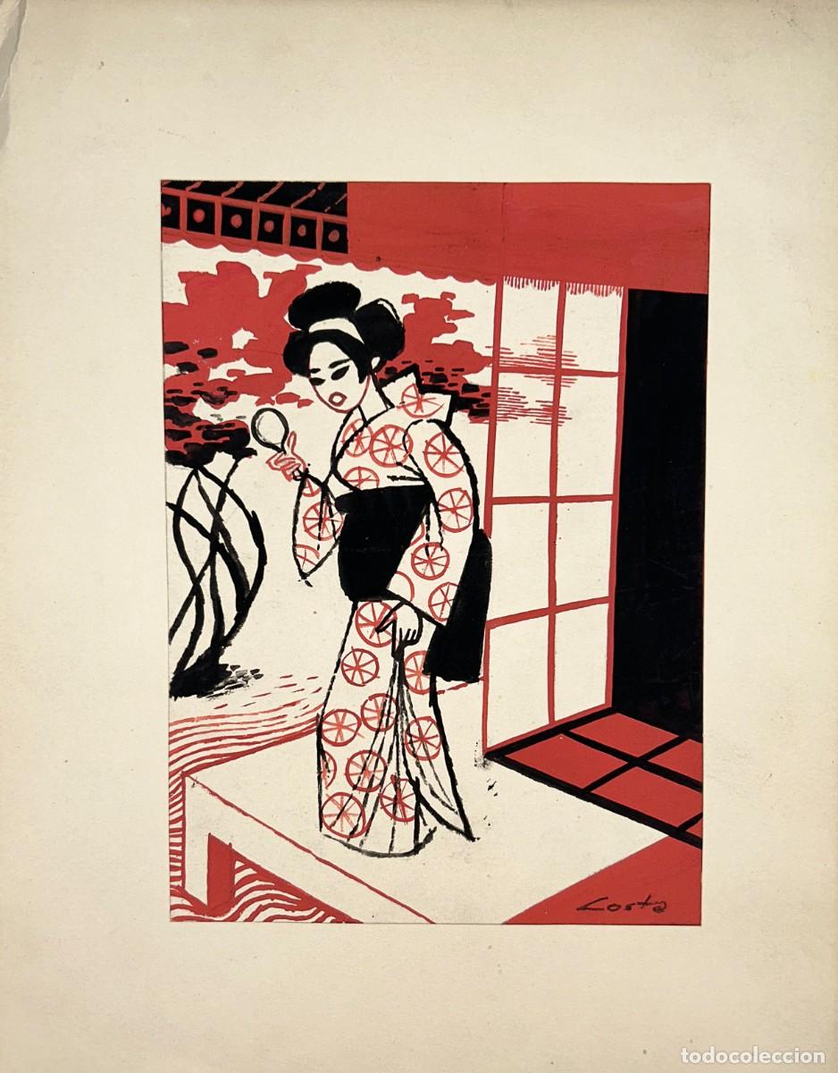Arte: Firmado Costa (s. XX) Retrato de mujer japonesa, t&eacute;cnica mixta sobre papel.