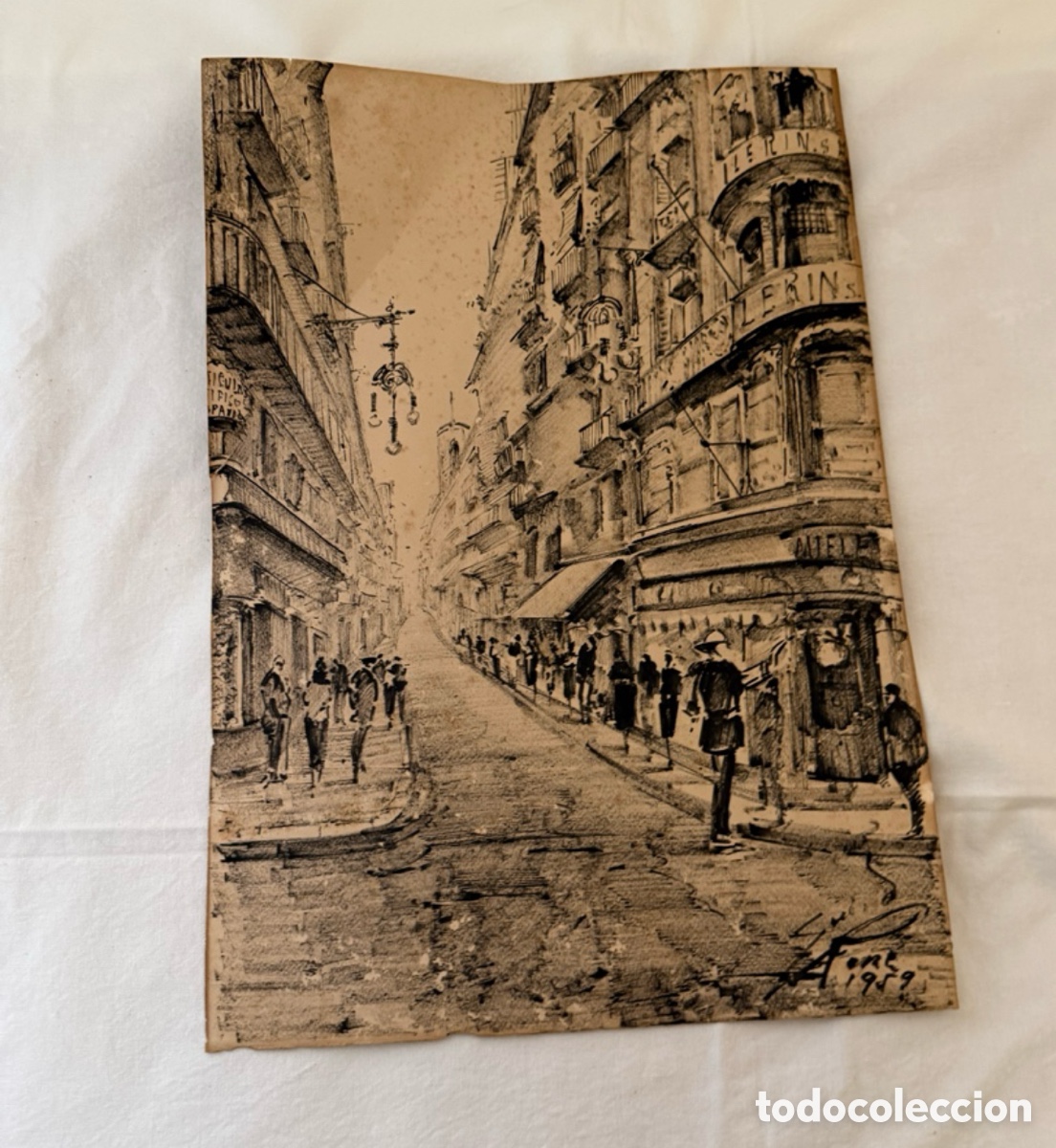 Arte: Dibujo urbano a tinta firmado y fechado 1959 escena de calle antigua
