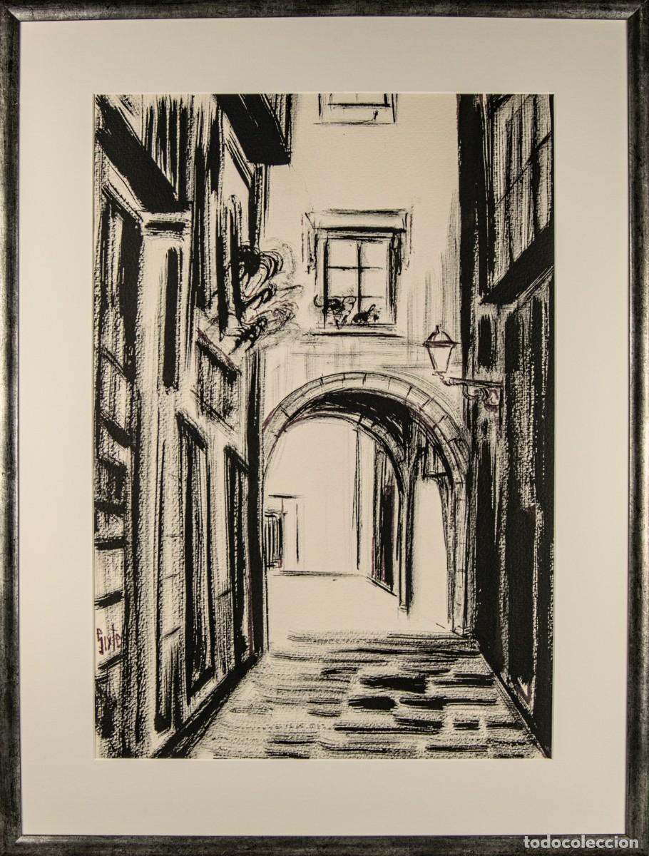 Arte: Sixte Blasco | Dibujo Original al Carb&oacute;n | Callej&oacute;n y Arco Arquitect&oacute;nico | Obra Gr&aacute;fica | 64x48 cm