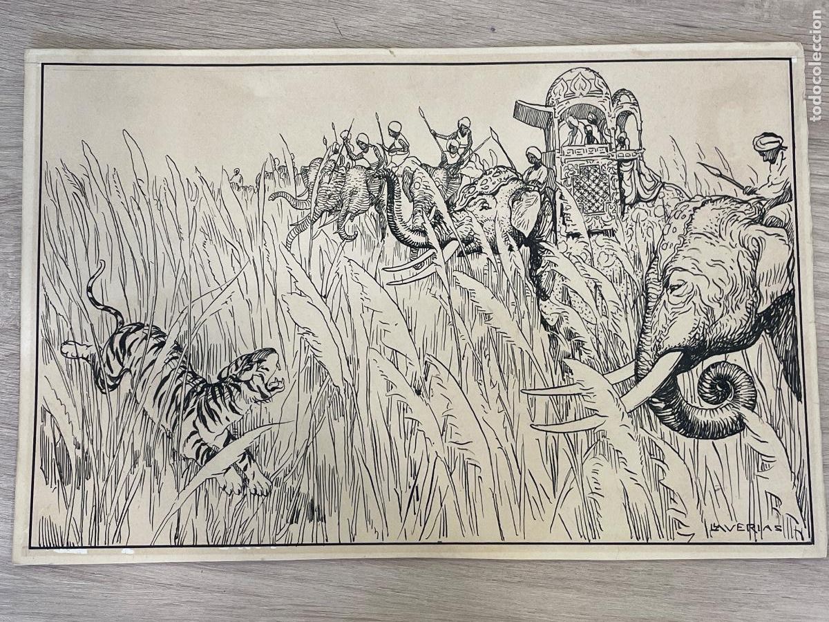 Arte: Dibujo Original de Joan Llaverias - Original Cromo n.27 El Hombre y las Fieras