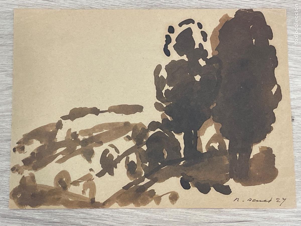 Arte: Dibujo Original Aguada de Rafael Benet 1927 - Paisaje