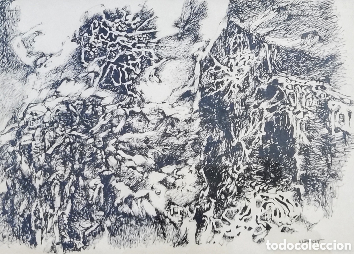 Arte: John Ulbricht (1926-2006). Dibujo Original Firmado. Abstracci&oacute;n Figurativa Oscura. Mallorca. EEUU.