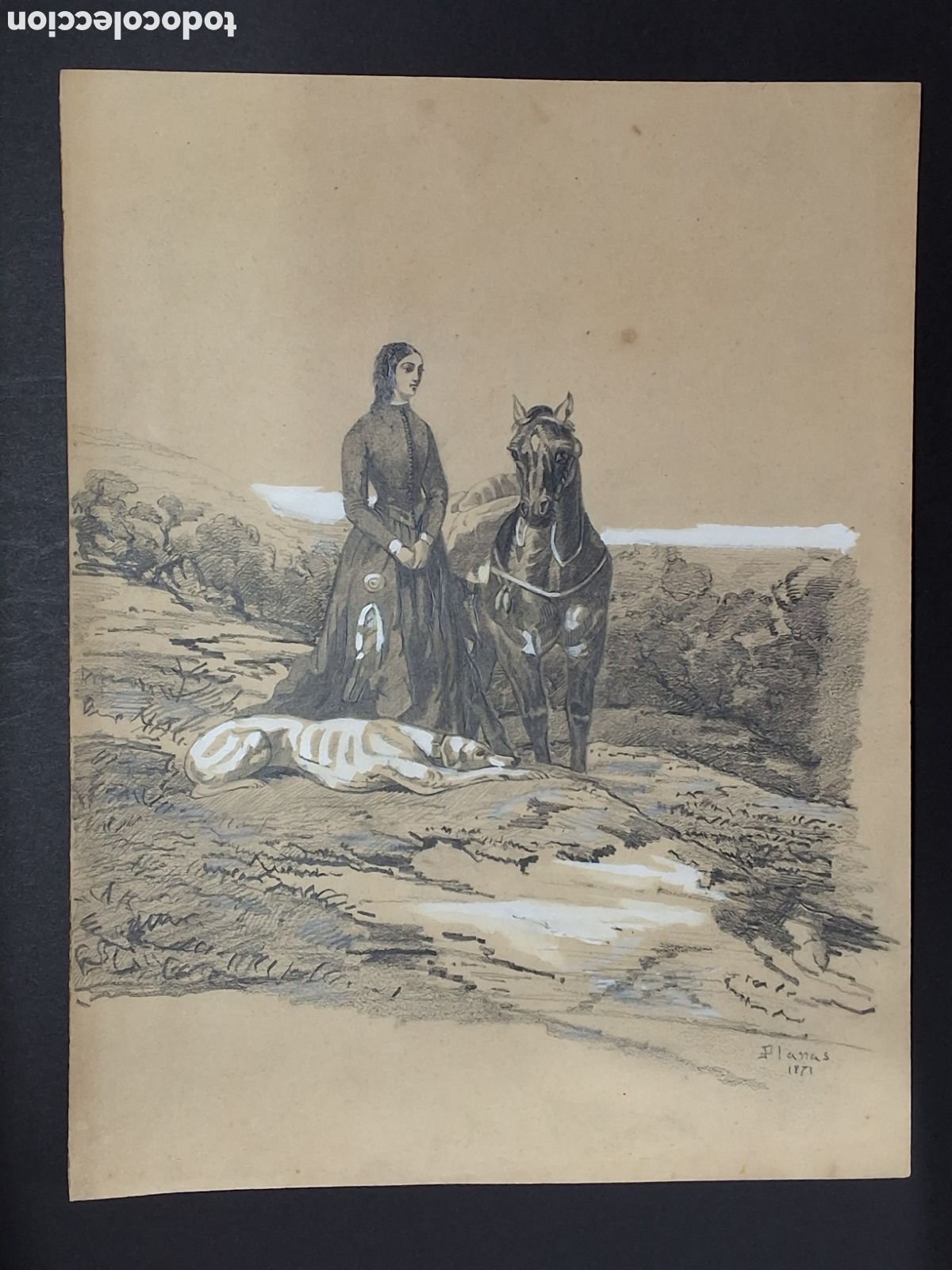 Arte: Eusebio Planas. Dama con galgo y caballo.