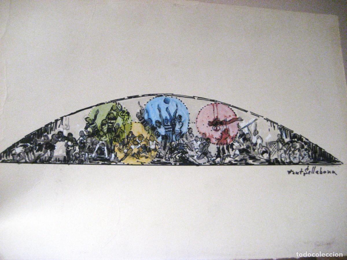 Arte: Dibujo del pintor Font Sellabona &rdquo; El trobador de catalunya &rdquo; Deportes Retolador y acuarela