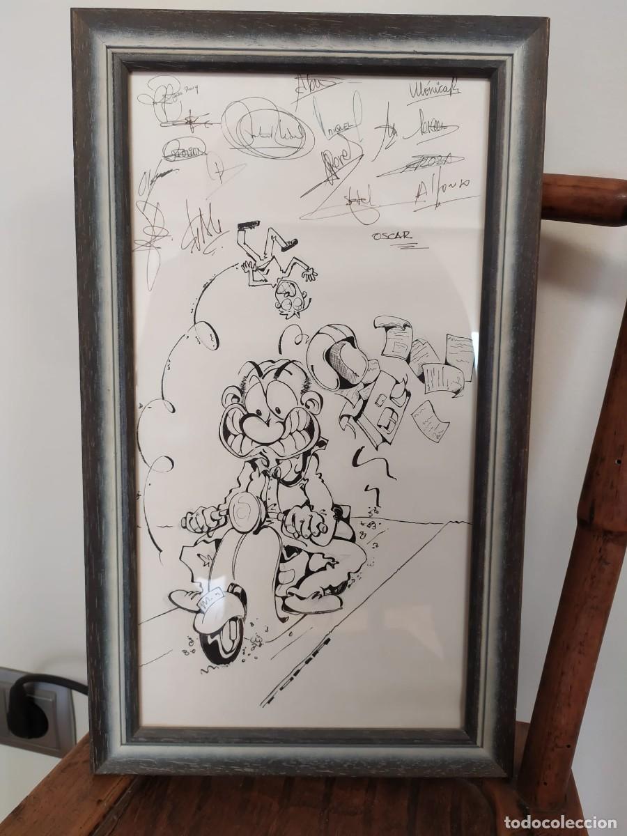 Arte: DIBUJO ENMARCADO TIPO COMIC A MANO ORIGINAL AUTOR DESCONOCIDO TOHA CON FIRMAS DEDICATORIA,