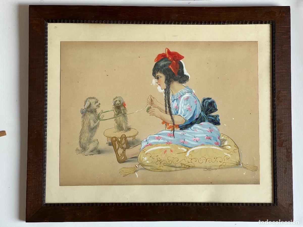 Arte: Celcior. Ni&ntilde;a con perritos. h. 1890-1910. Guache y acuarela sobre papel.
