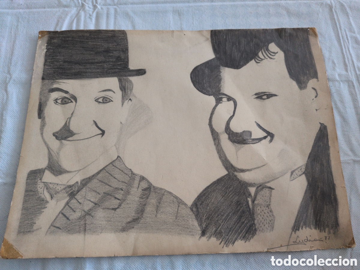 Arte: Antiguo dibujo a l&aacute;piz de Laurel y Hardy (El gordo y el flaco) Firmado por autor.